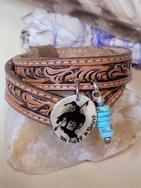 Tooled Leather Native Indian Cuff Bracelet with Turquoise Charm
